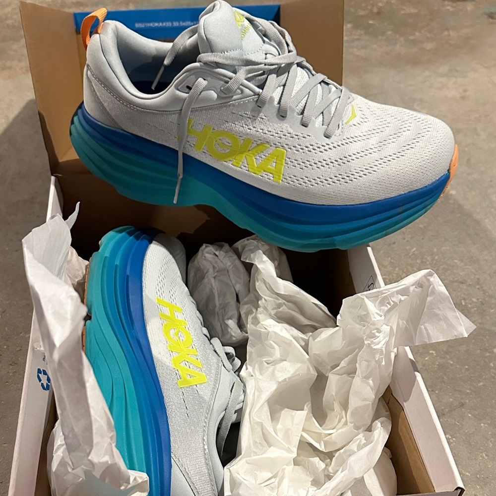 Hoka Athletic Shoes in Light Gray and Aqua Blue